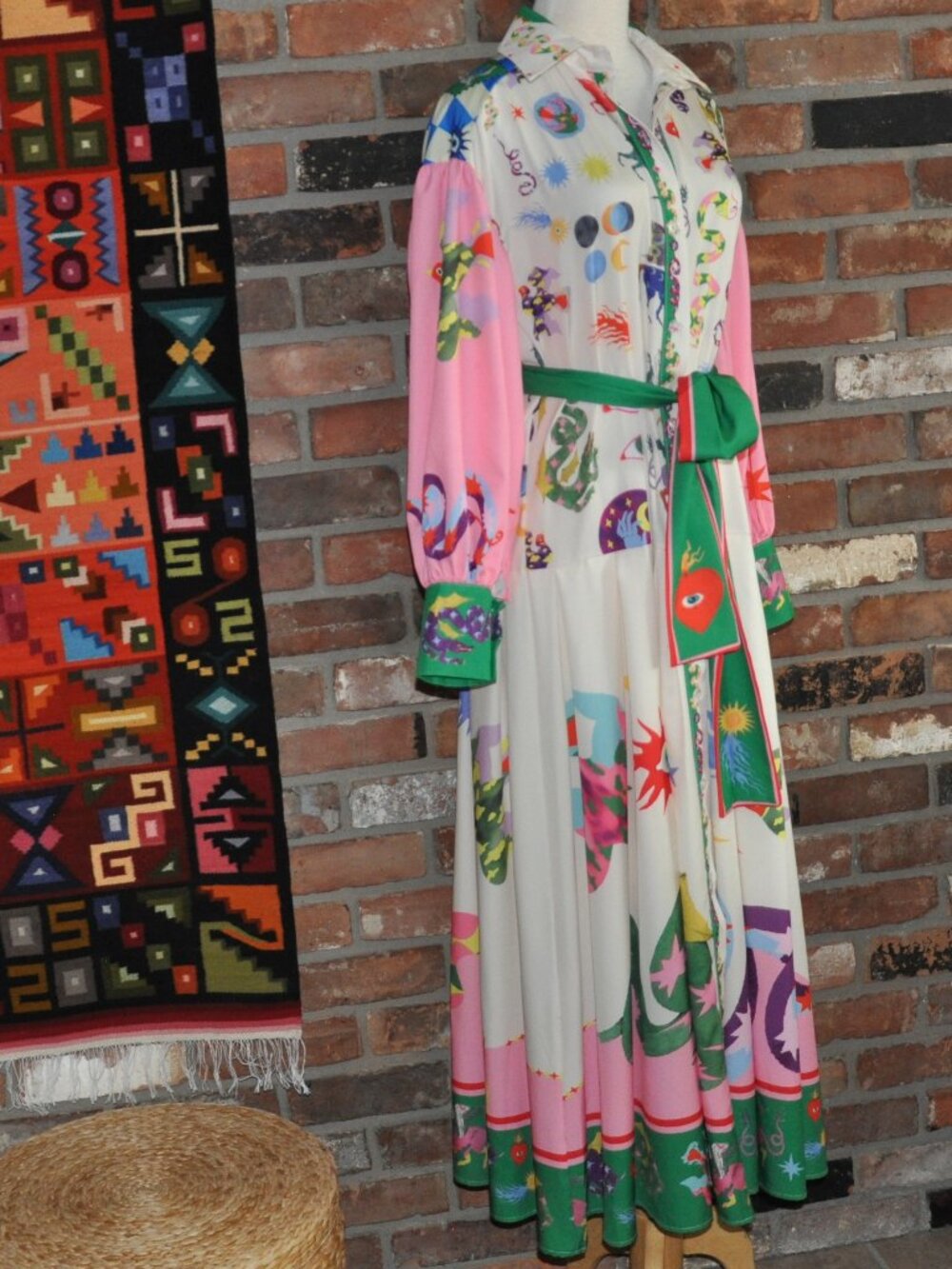 Graphic Celestial Botanical Folkloric Print, Bishop Sleeve Belted Maxi Dress S